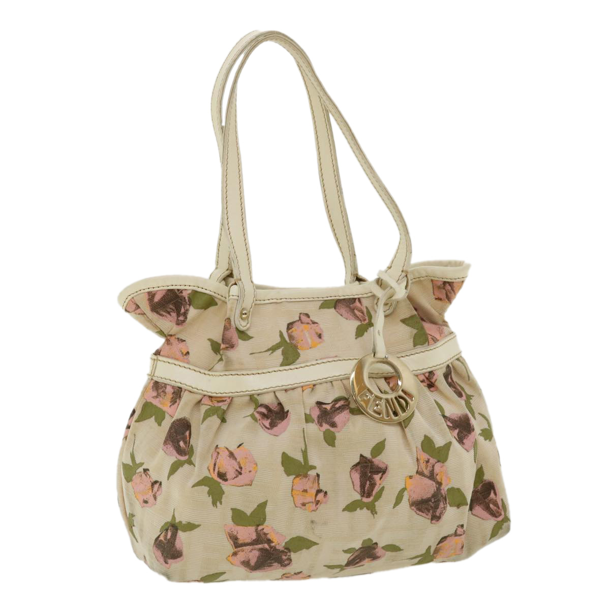 Fendi Zucca Canvas Flower Hand Bag Beige Auth Bs3174